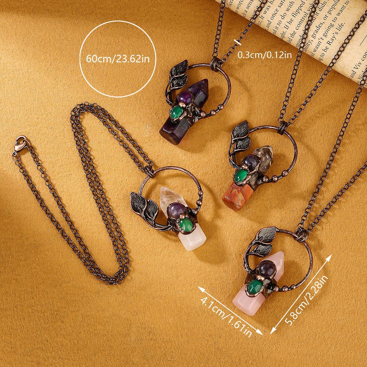 Bohemian Forest Style Hexagonal Column Stone Pendant Necklace | Antique Silver Setting | Multiple Stone Options