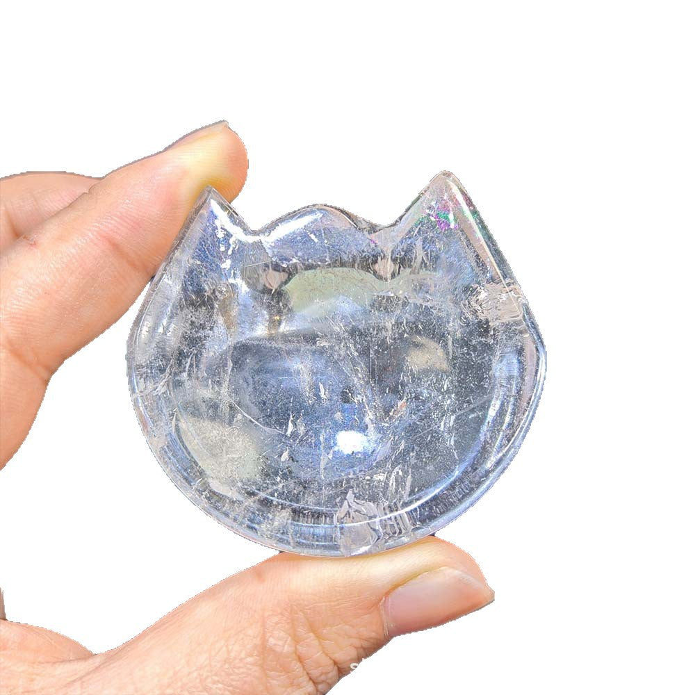 White Crystal Cat Bowl | Natural Quartz Carved Kitten Dish Decor
