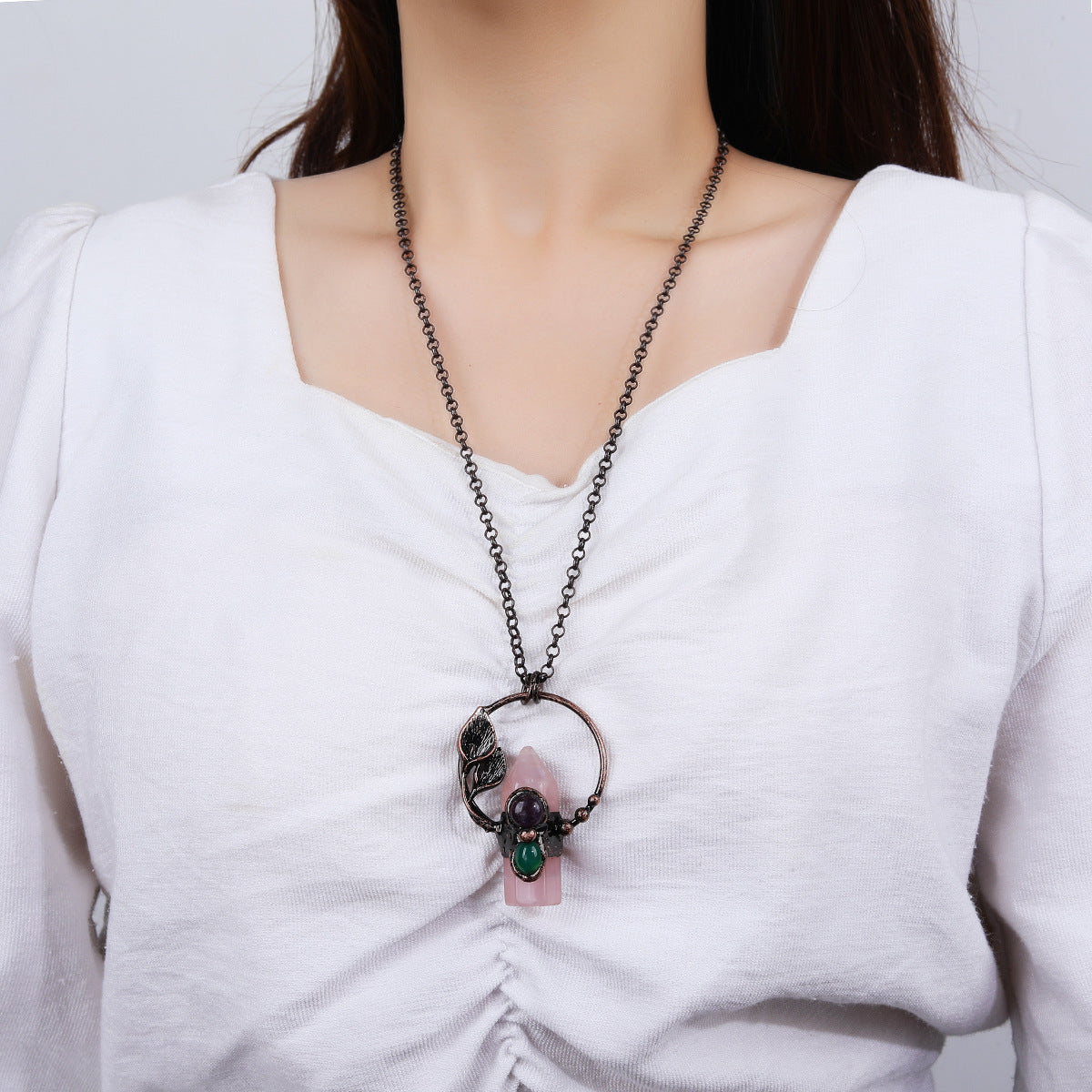 Bohemian Forest Style Hexagonal Column Stone Pendant Necklace | Antique Silver Setting | Multiple Stone Options