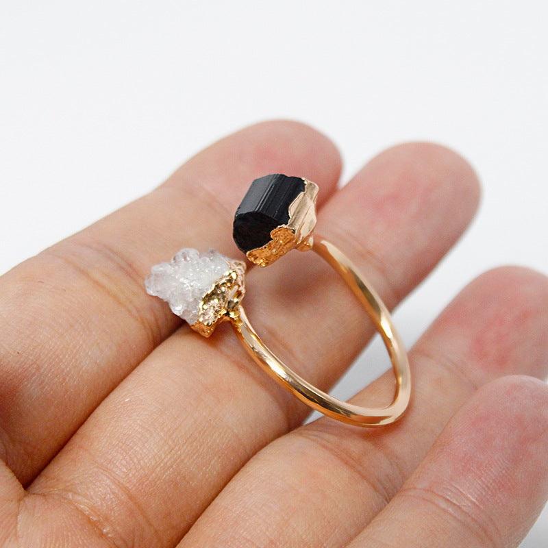 Irregular natural stone tourmaline crystal cluster amethyst ring