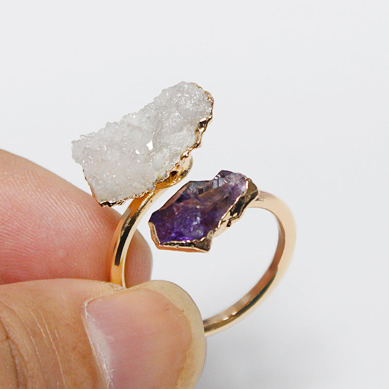 Irregular natural stone tourmaline crystal cluster amethyst ring