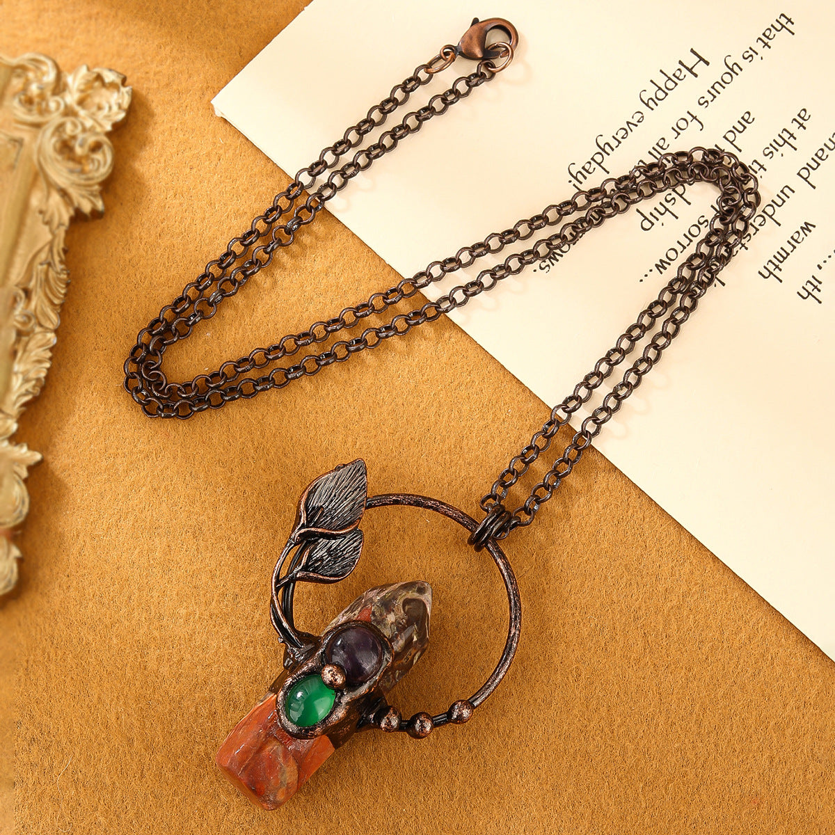Bohemian Forest Style Hexagonal Column Stone Pendant Necklace | Antique Silver Setting | Multiple Stone Options
