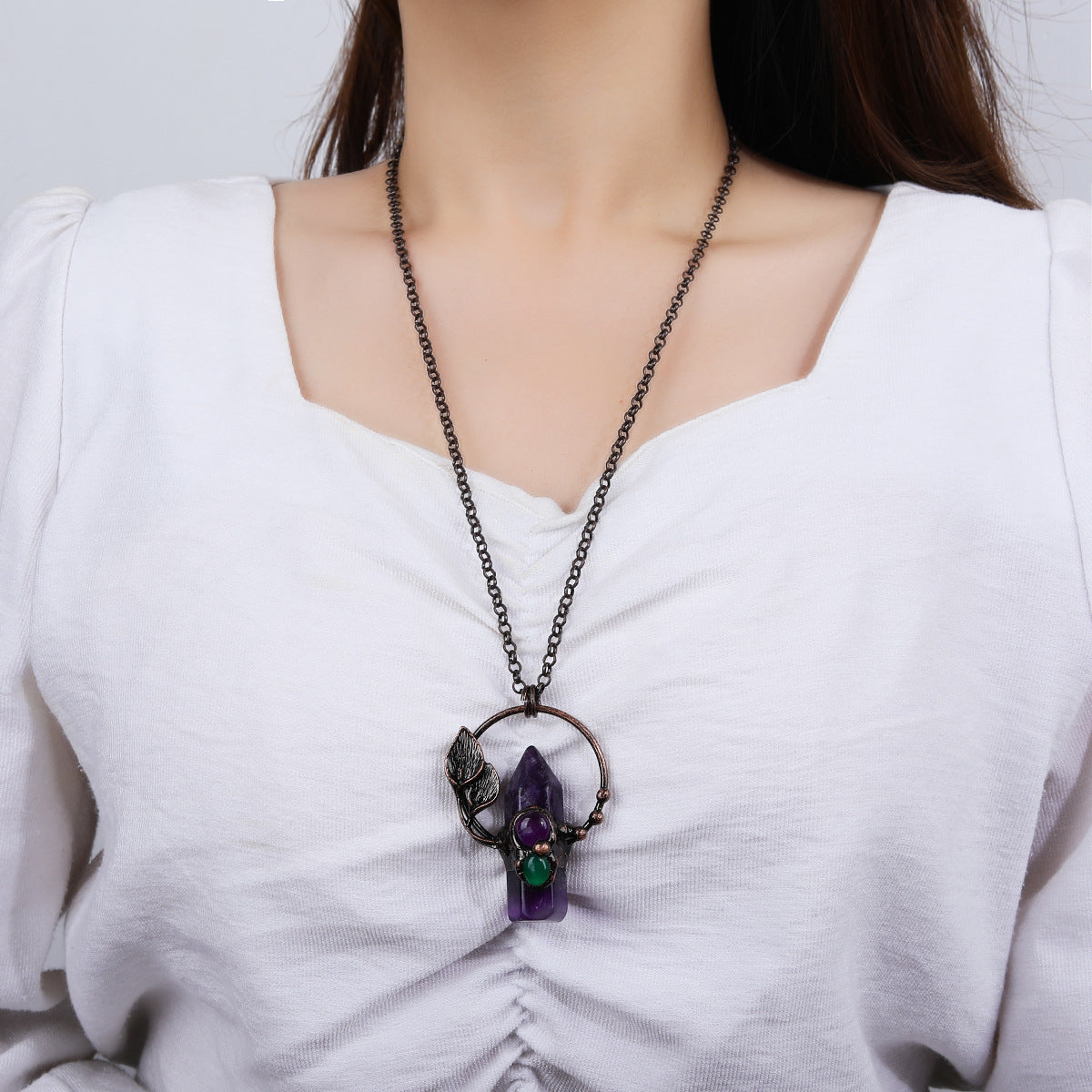 Bohemian Forest Style Hexagonal Column Stone Pendant Necklace | Antique Silver Setting | Multiple Stone Options