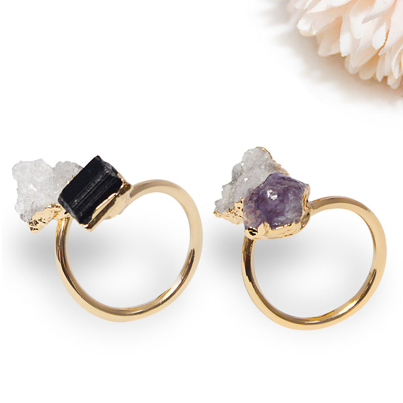 Irregular natural stone tourmaline crystal cluster amethyst ring