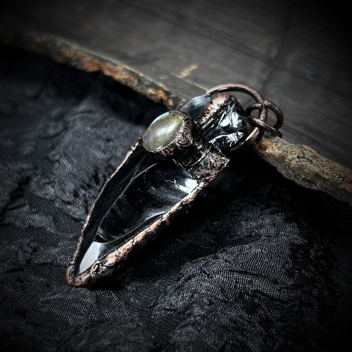 Hand-Hammered Obsidian Arrow Pendant | Copper-Plated Elongated Stone Necklace