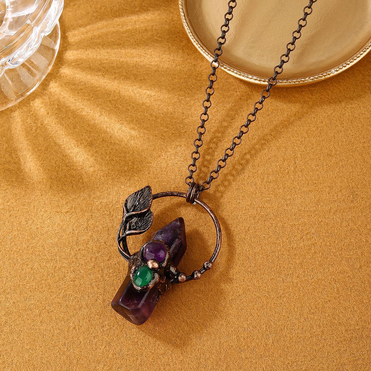 Bohemian Forest Style Hexagonal Column Stone Pendant Necklace | Antique Silver Setting | Multiple Stone Options