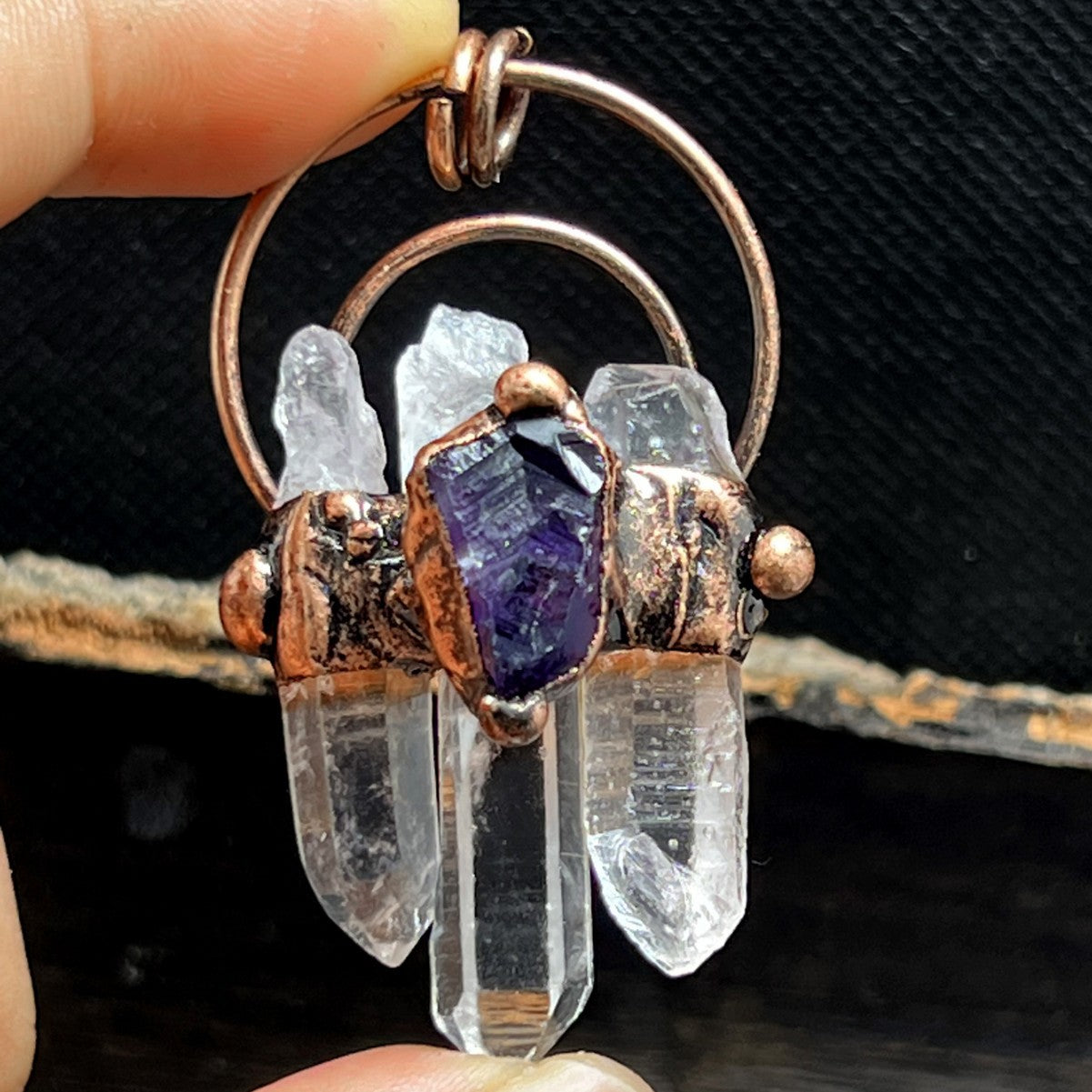 Three natural white crystal hexagonal column rough stone handmade hemming electroplated bronze pendant