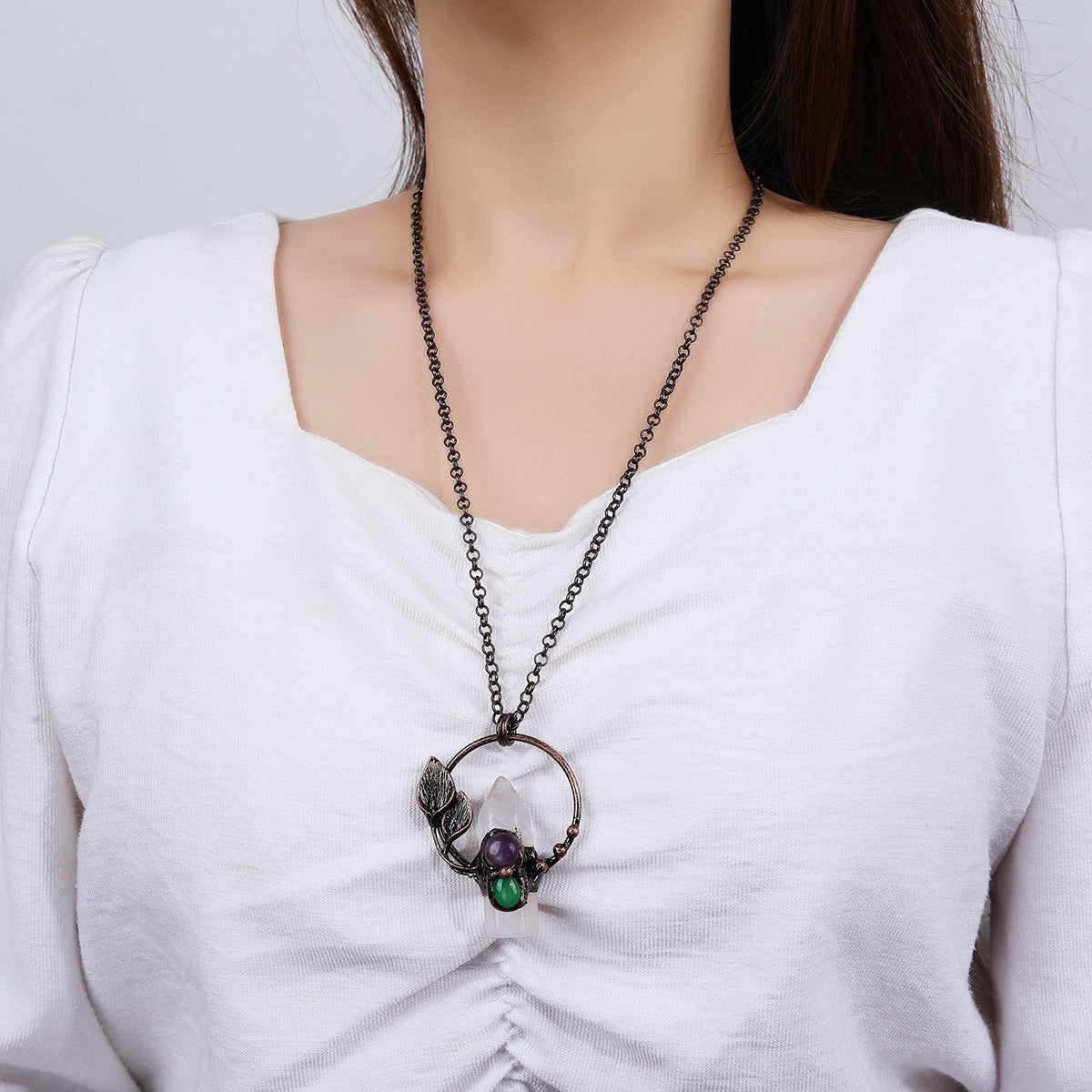 Bohemian Forest Style Hexagonal Column Stone Pendant Necklace | Antique Silver Setting | Multiple Stone Options