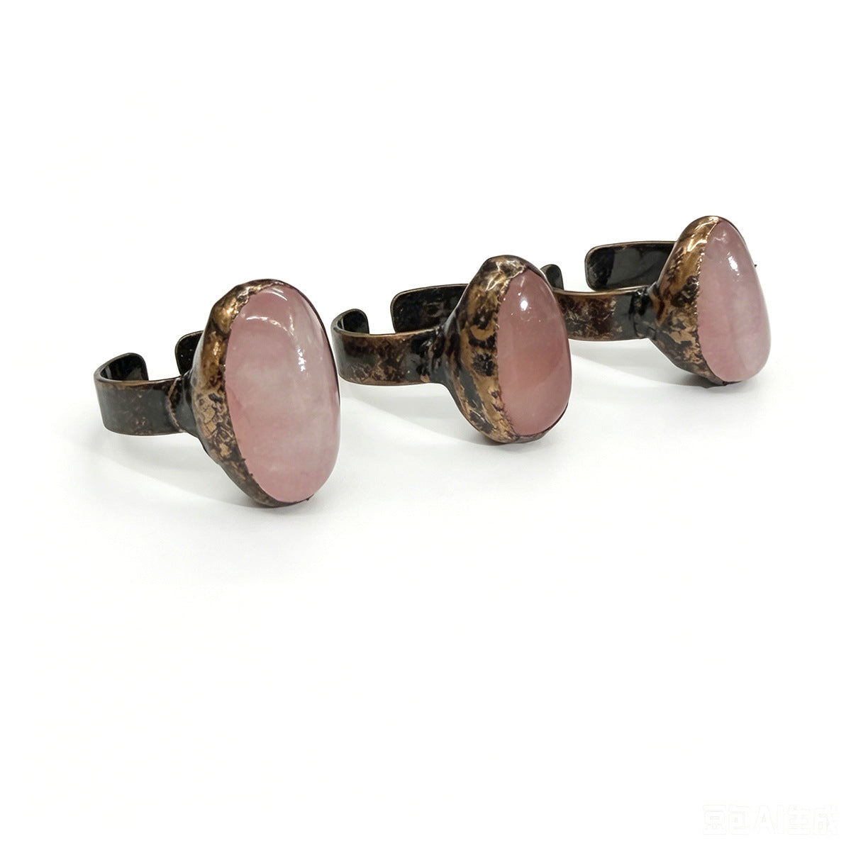 Retro style natural powder crystal rough stone polished amorphous opening bronze plating adjustable ring