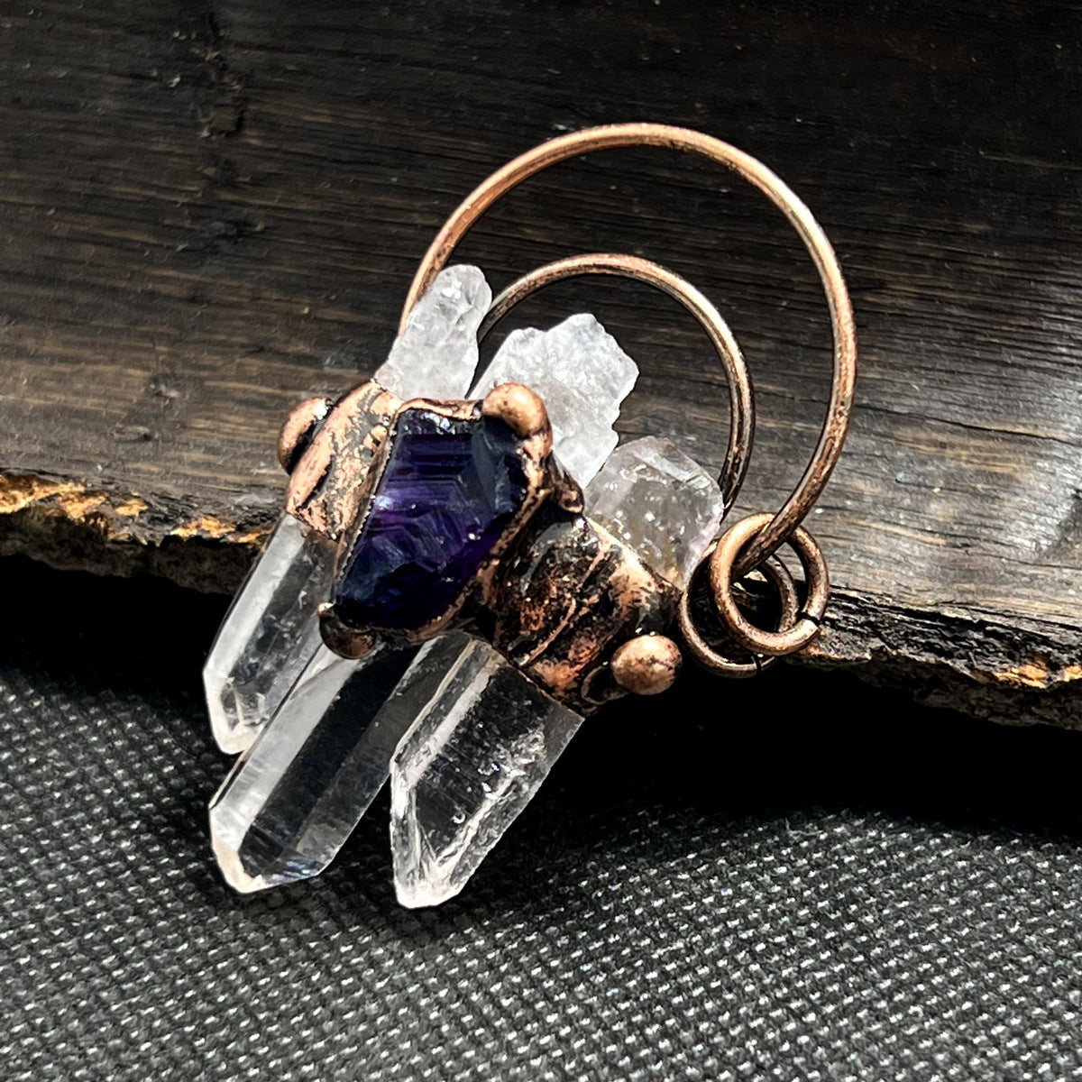 Three natural white crystal hexagonal column rough stone handmade hemming electroplated bronze pendant