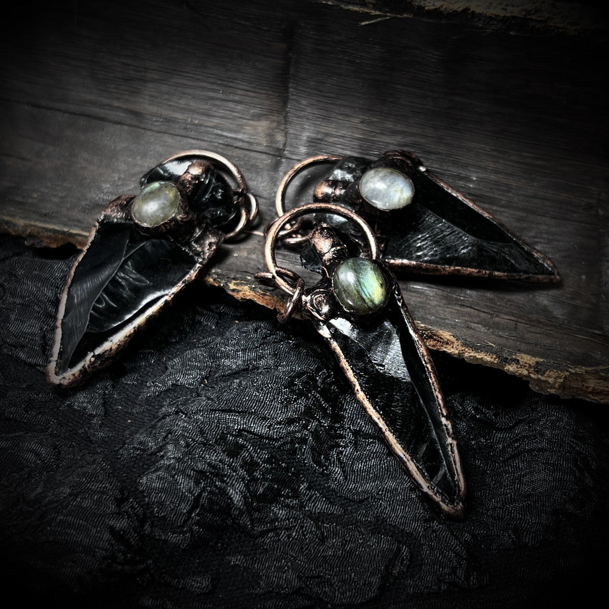 Hand-Hammered Obsidian Arrow Pendant | Copper-Plated Elongated Stone Necklace