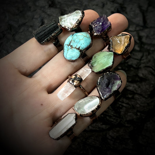 Bohemian Forest Style Raw Stone Ring | Adjustable Copper Open Band | Multiple Stone Options