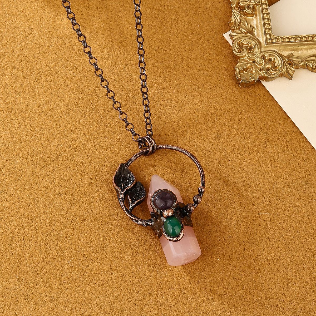 Bohemian Forest Style Hexagonal Column Stone Pendant Necklace | Antique Silver Setting | Multiple Stone Options