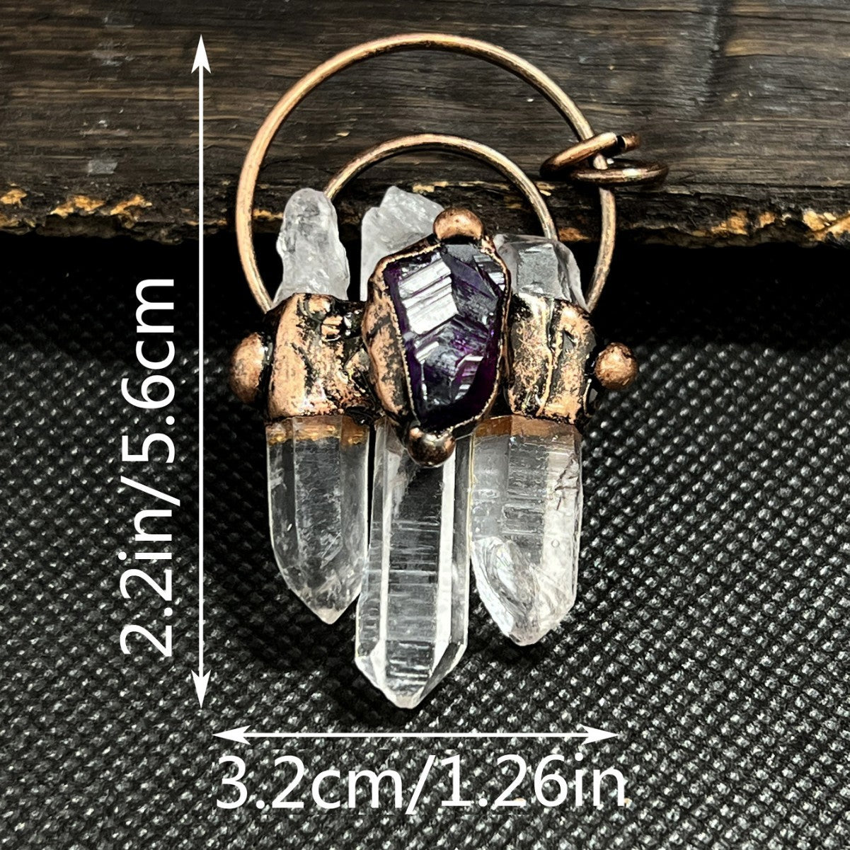 Three natural white crystal hexagonal column rough stone handmade hemming electroplated bronze pendant