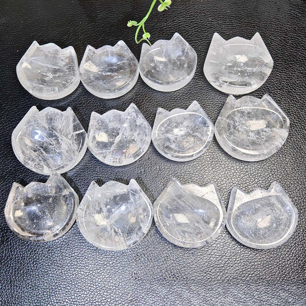 White Crystal Cat Bowl | Natural Quartz Carved Kitten Dish Decor