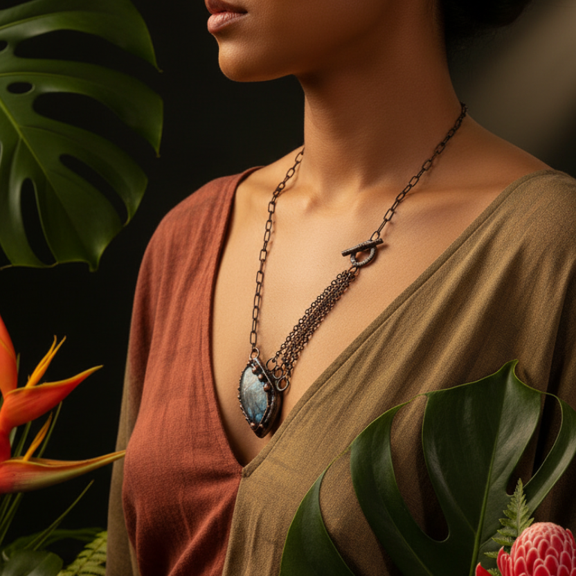 Asian side profile wearing necklace