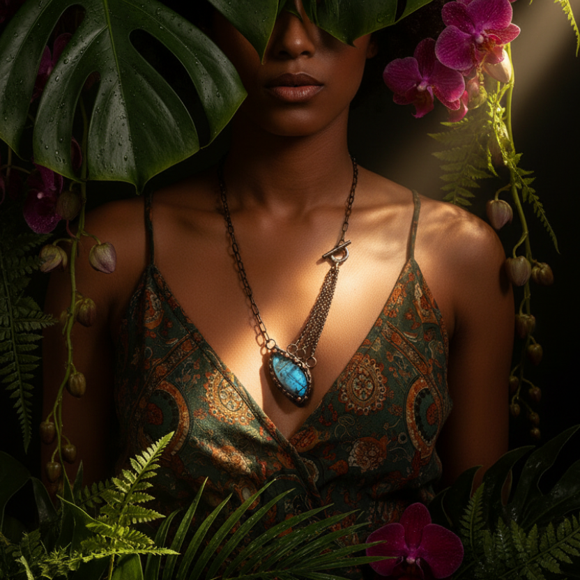 Boho jungle model wearing heart labradorite necklace