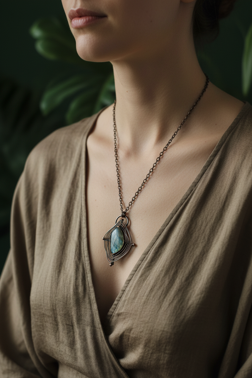 Caucasian model wearing necklace