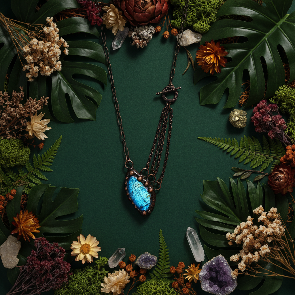 Dark green boho flat lay