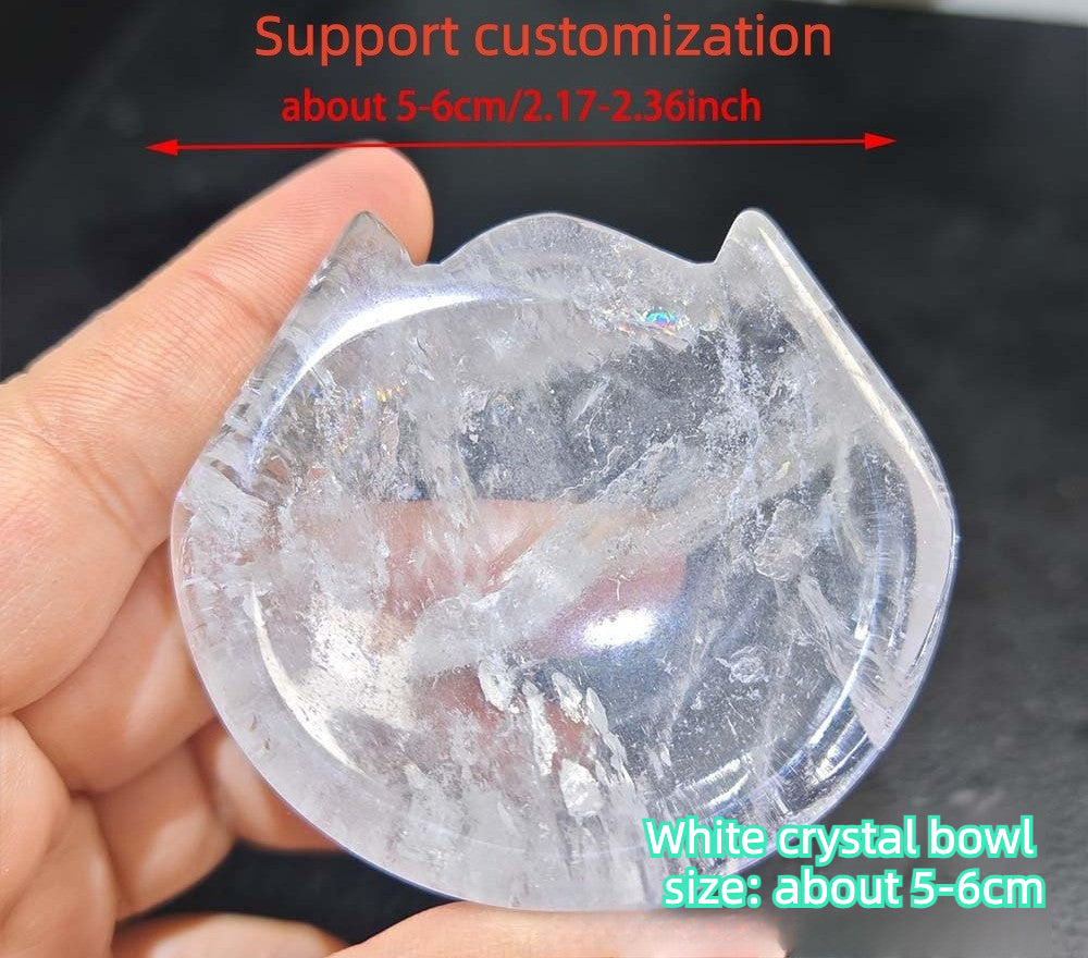 White Crystal Cat Bowl | Natural Quartz Carved Kitten Dish Decor